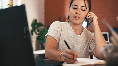 Buy stock photo Writing, phone call and businesswoman in office with planning for creative project with agenda. Schedule, ideas and person on mobile discussion for feedback on article with publishing at agency.