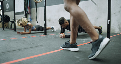 Buy stock photo Personal trainer, walk or people with plank in gym, abdomen training or active for endurance challenge. Coach, clients or group with core strength exercise for fitness goals, sports club or workout