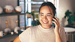 Phone call, smile or woman in store with pottery, client chat or negotiation with clay supplier. Happiness, networking or Asian owner with tech, discussion or vendor coordination in ceramic business.