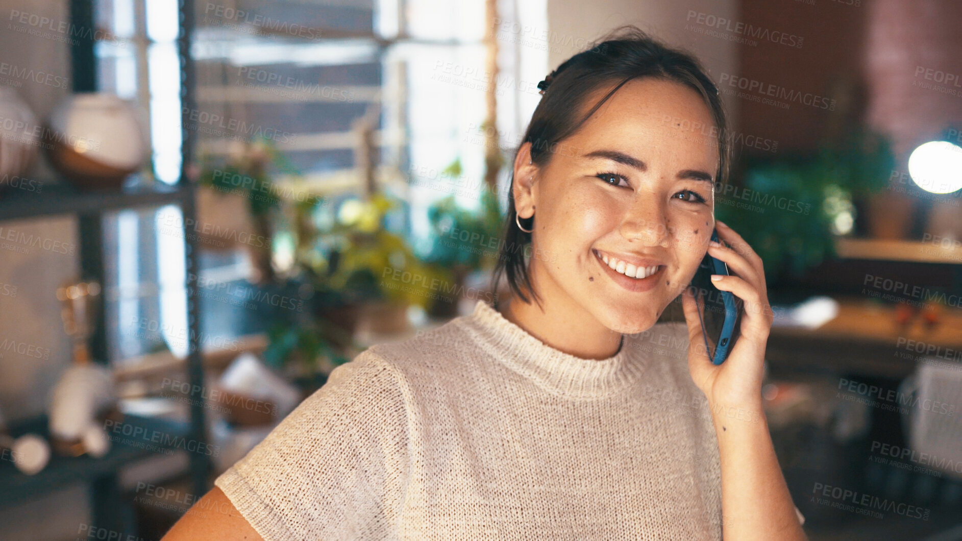 Buy stock photo Phone call, portrait or woman in shop with pottery, client chat or negotiation with clay supplier. Happy, networking or Asian owner with tech, discussion or vendor coordination in ceramic business.