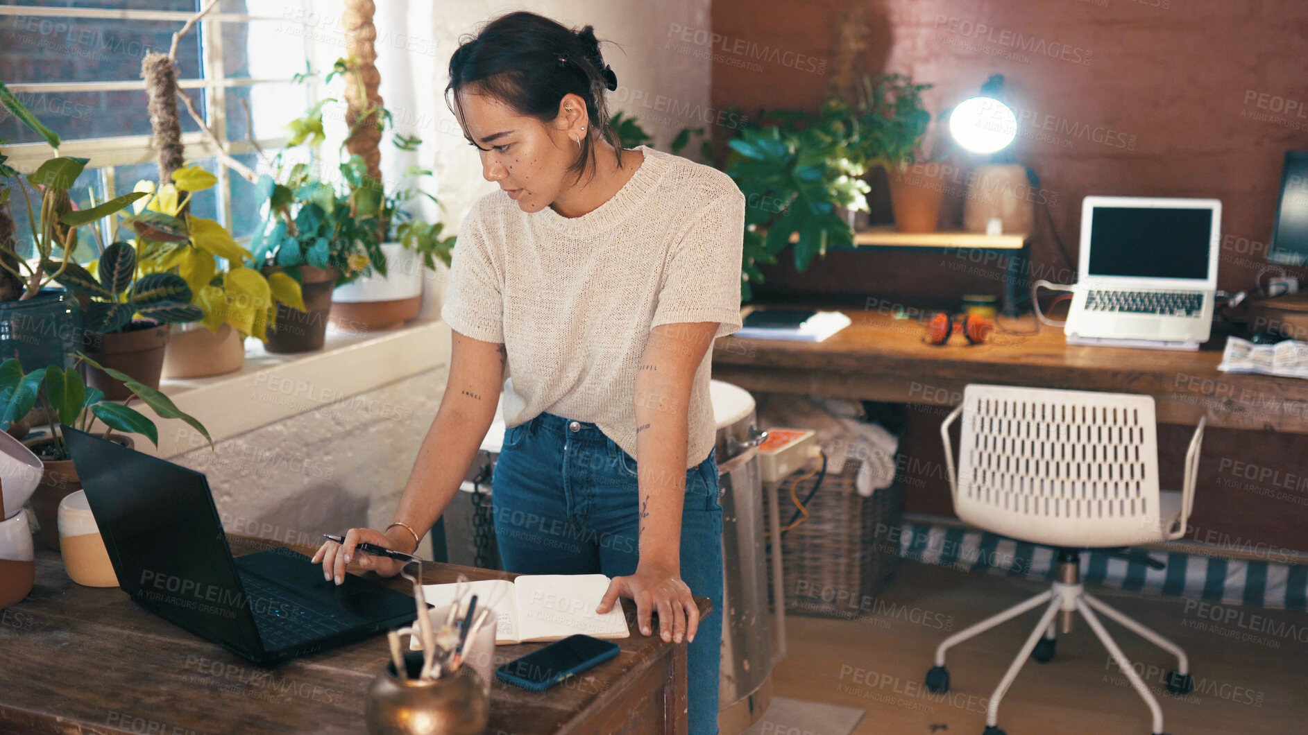 Buy stock photo Laptop, notebook and planning with woman in pottery boutique for management of small business. Computer, schedule and startup with store owner in ceramics gallery for decoration or retail sale