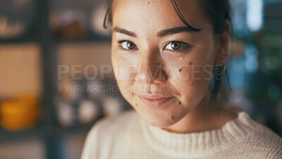 Buy stock photo Portrait, woman and confident in pottery shop with entrepreneurship, creativity or pride for art sale. Artist, person and retail insight in ceramic store with small business, craft skill or about us.