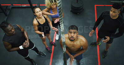 Buy stock photo Rope, fitness and group of people in gym with workout, climbing or active for wellness. Health, equipment and team of athletes at class for cardio challenge, exercise or training in sports center.