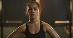 Tired, portrait and woman breathing in gym for fitness, training and exercise or morning cardio. Intense, sport and athlete sweating with recovery, break and challenge for body workout or performance