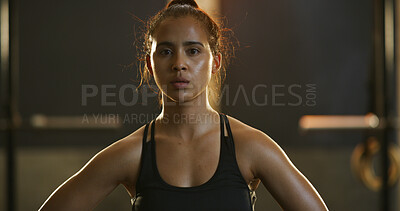 Buy stock photo Tired, portrait and woman breathing in gym for fitness, training and exercise or morning cardio. Intense, sport and athlete sweating with recovery, break and challenge for body workout or performance