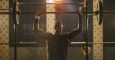 Buy stock photo Gym, strong and black man with barbell for exercise, challenge or training for power. Workout, bodybuilder and person weightlifting for health, overhead press and muscle growth for fitness in club