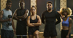 Fitness, portrait and serious with friends in gym together for commitment, dedication or wellness. Confidence, exercise and weight training with athlete people in health club for workout results