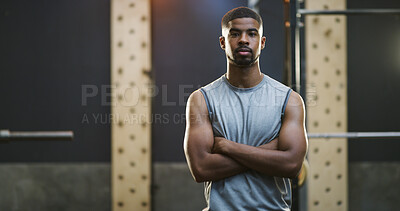 Buy stock photo Crossed arms, serious and portrait of black man in gym for weightlifting, workout or training. Confident, fitness and African person with pride for bodybuilding, challenge or exercise in sport center