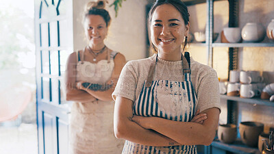 Buy stock photo Portrait, people and arms crossed at small business for pottery with career pride, about us and ceramic. Smile, women and team with ambition, manufacturing experience and production for sculpture