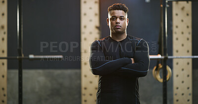 Buy stock photo Crossed arms, fitness and portrait of man in gym for weightlifting, workout or training. Confident, serious and person with pride for bodybuilding, challenge or exercise at sport center in Colombia.