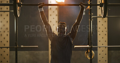 Buy stock photo Fitness, black man and barbell for bodybuilding in gym, exercise and strength training for wellness. Workout, person and bodybuilder weightlifting for power, muscle growth and overhead press in club