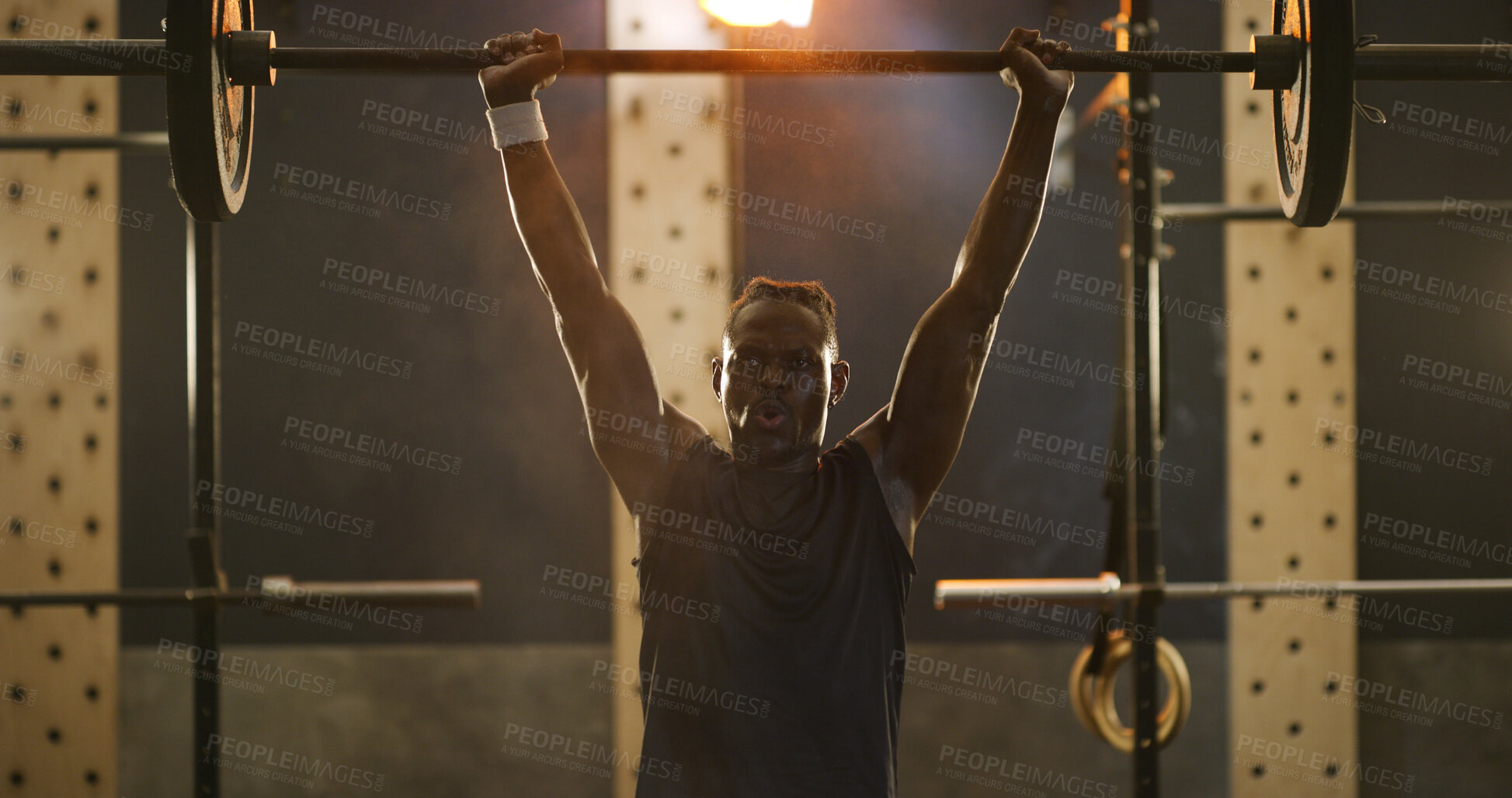 Buy stock photo Fitness, black man and barbell for bodybuilding in gym, exercise and strength training for wellness. Workout, person and bodybuilder weightlifting for power, muscle growth and overhead press in club