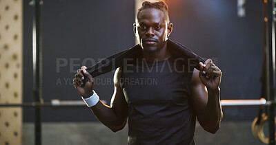 Buy stock photo Portrait, fitness and man with towel for gym training, exercise break and commitment for body goals. Workout routine, sweat cloth or athlete with rest for wellness, bodybuilding pause or sports club