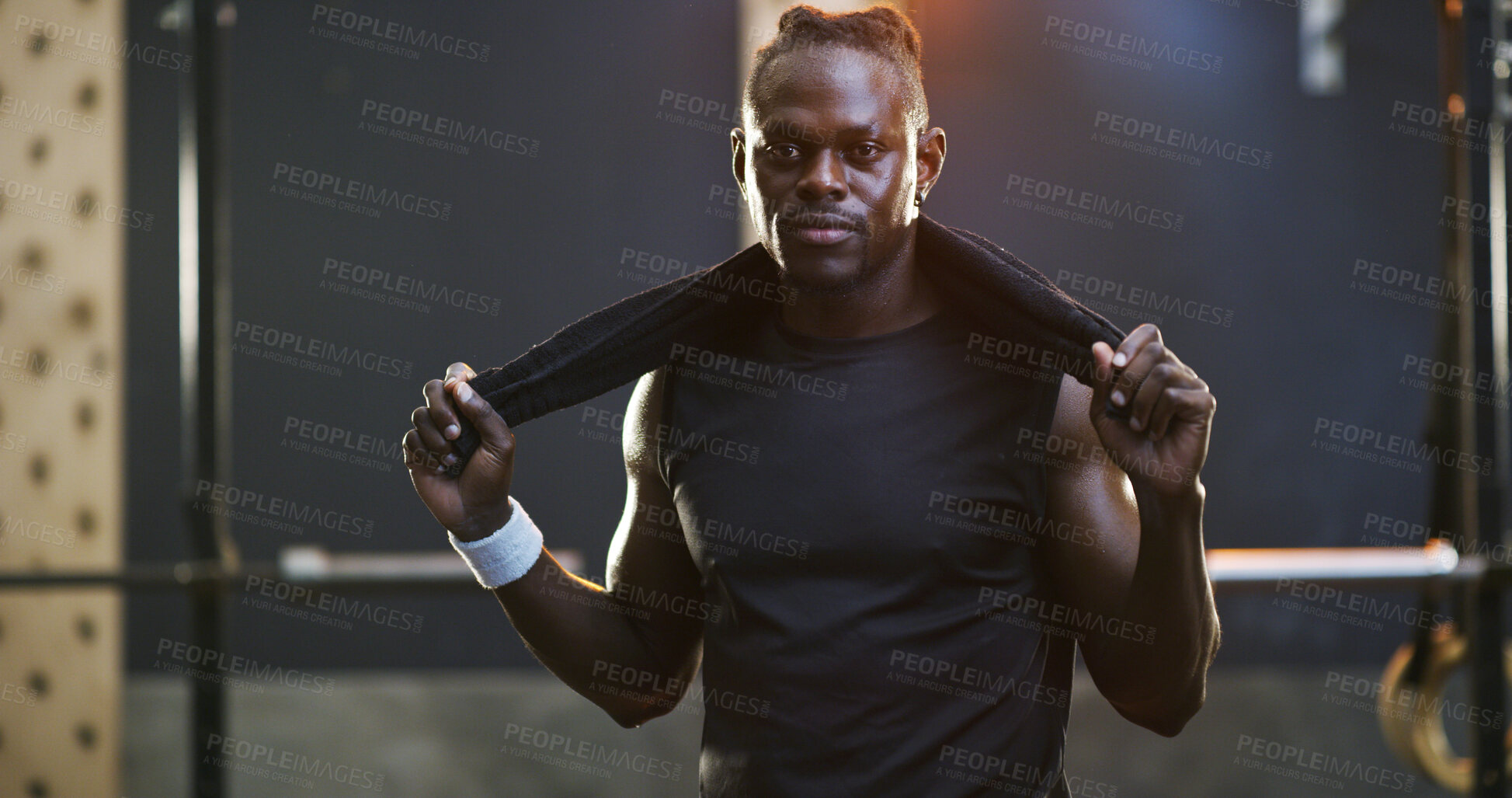 Buy stock photo Portrait, fitness and man with towel for gym training, exercise break and commitment for body goals. Workout routine, sweat cloth or athlete with rest for wellness, bodybuilding pause or sports club