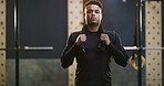 Portrait, gym and man with towel for training, exercise break and fitness commitment for body goals. Workout routine, sweat cloth or athlete with rest for wellness, bodybuilding pause or sports club