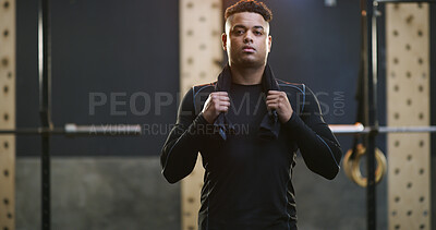 Buy stock photo Portrait, gym and man with towel for training, exercise break and fitness commitment for body goals. Workout routine, sweat cloth or athlete with rest for wellness, bodybuilding pause or sports club