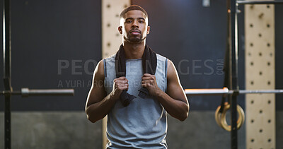 Buy stock photo Portrait, fitness and black man with towel for gym training, exercise break and commitment for body goals. Workout, sweat cloth or athlete with rest for wellness, bodybuilding pause or sports club