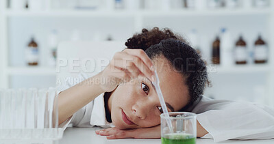 Buy stock photo Chemical solution, tired and scientist in laboratory with burnout for medical research, study or project. Liquid, beaker and female chemist with fatigue for pharmaceutical innovation with medicine.