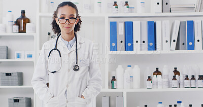 Buy stock photo Doctor, medicine and portrait with woman in hospital for cardiology, healthcare or service. Drugs, pharmaceuticals and trust with confident medical professional in clinic for support or wellness