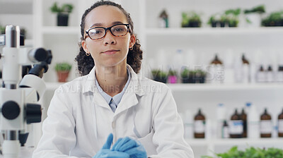 Buy stock photo Woman, portrait and scientist with microscope in laboratory for medical research or chemistry. Female person, doctor or confidence with gloves or supplies for forensic study, analysis or service