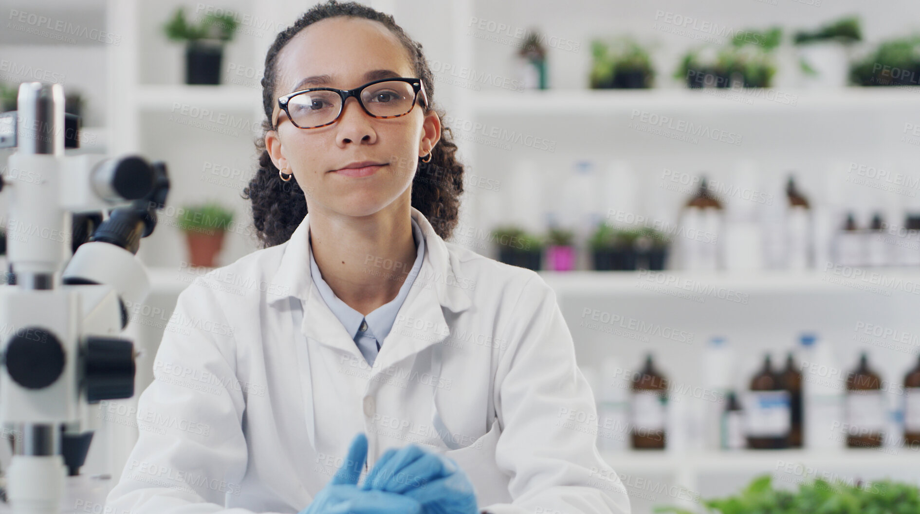 Buy stock photo Woman, portrait and scientist with microscope in laboratory for medical research or chemistry. Female person, doctor or confidence with gloves or supplies for forensic study, analysis or service