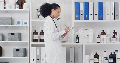 Buy stock photo Medical, notes or woman in lab with clipboard, info recording or research result in experiment. Science, documents or expert with writing, investigation report or solution checklist in clinical trial