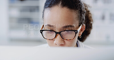 Buy stock photo Scientist, reading and woman with computer, development and study in laboratory for education. Biotechnology, medical research and experiment for solution, information and planning for project