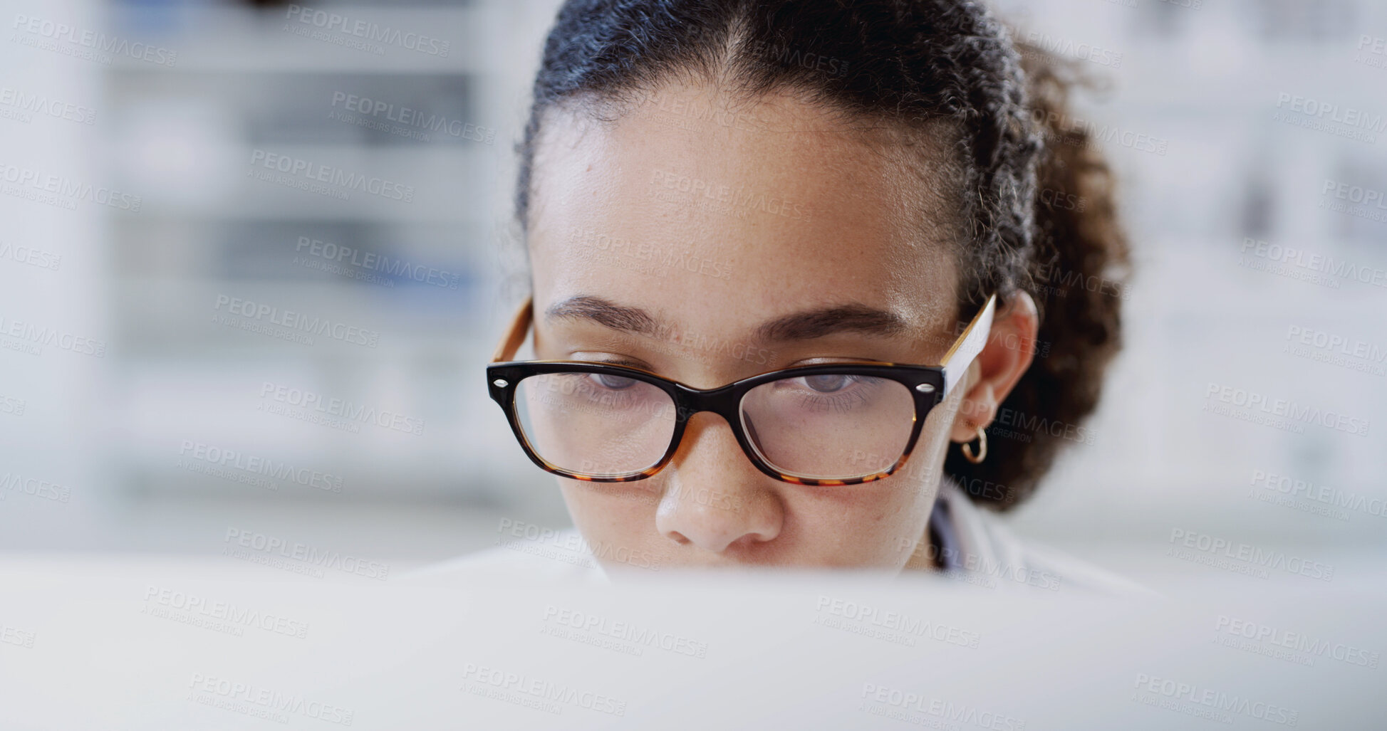 Buy stock photo Scientist, reading and woman with computer, development and study in laboratory for education. Biotechnology, medical research and experiment for solution, information and planning for project