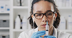 Scientist, needle and woman with drug, earphones and chemical study in laboratory for education. Biotechnology, medical research and syringe for solvent project, podcast and experiment or synthesis