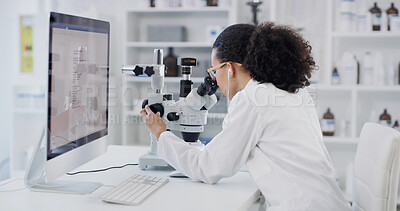 Buy stock photo Music, scientist and woman with microscope in lab for research, drug development and test. Earphones, science and person with microbiology equipment for medical innovation, pharma study or analysis