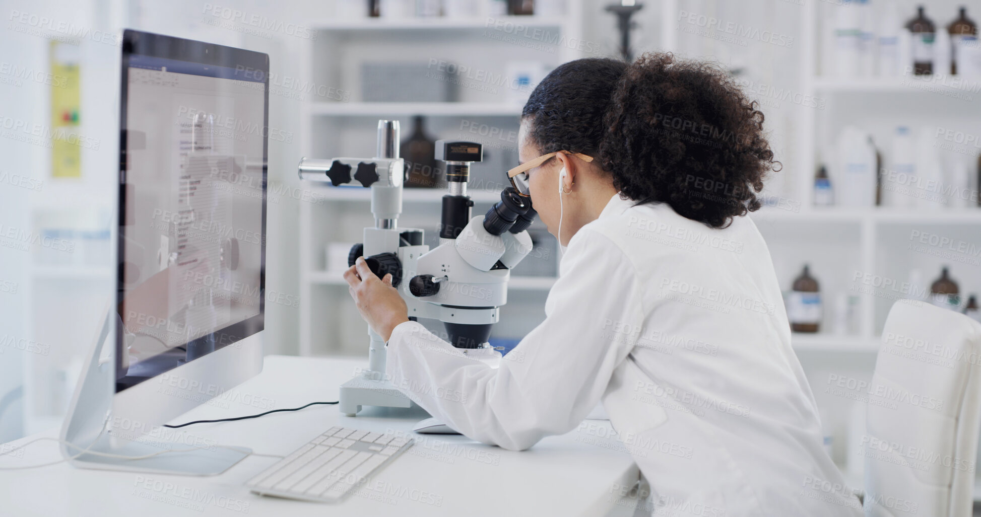 Buy stock photo Music, scientist and woman with microscope in lab for research, drug development and test. Earphones, science and person with microbiology equipment for medical innovation, pharma study or analysis