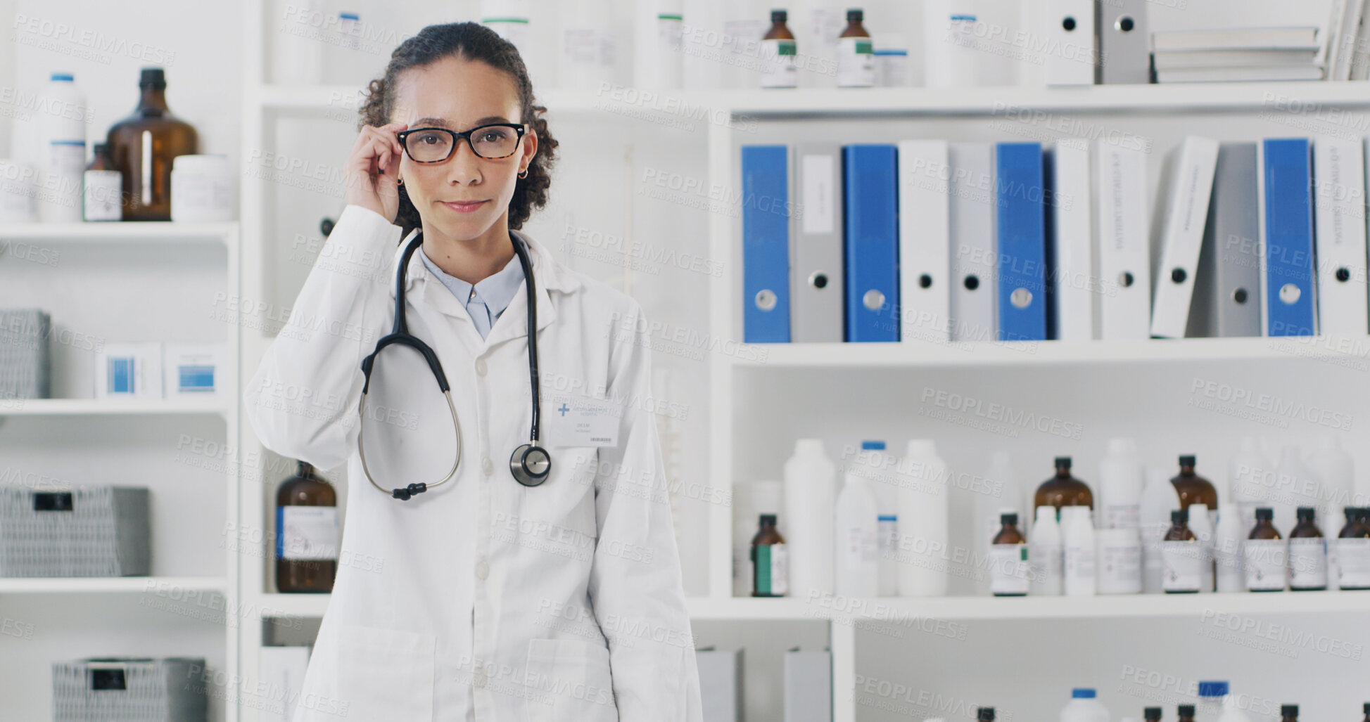 Buy stock photo Glasses, doctor and woman in hospital, healthcare and pharmaceutical physician with space. Spectacles, medical worker and portrait of medicine expert, African person and confident professional