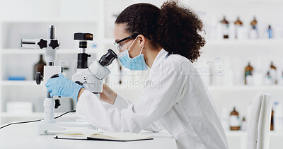 Buy stock photo Research, scientist and woman with microscope in lab for experiment, drug development and test. Mask, science and person with microbiology equipment for medical innovation, pharma study or analysis
