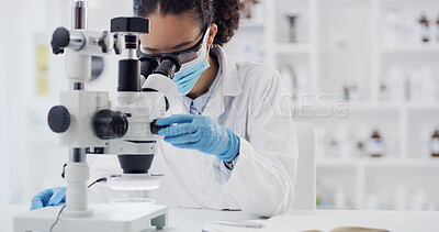 Buy stock photo Medical, scientist and woman with microscope in lab for experiment, drug development and test. Mask, science and person with microbiology equipment for research innovation, pharma study or analysis
