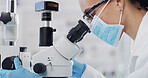 Test, scientist and woman with microscope in lab for experiment, drug development and research. Mask, science and person with microbiology equipment for medical innovation, pharma study or analysis