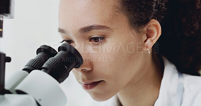 Buy stock photo Test, science and woman with microscope in lab for experiment, drug development and research. Worker, scientist and person with microbiology equipment for medical innovation, pharma study or analysis