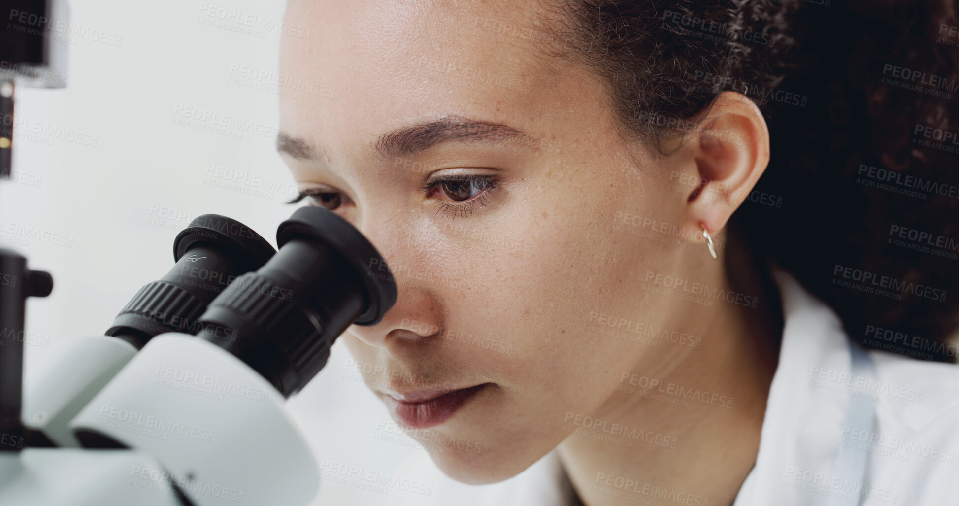 Buy stock photo Test, science and woman with microscope in lab for experiment, drug development and research. Worker, scientist and person with microbiology equipment for medical innovation, pharma study or analysis
