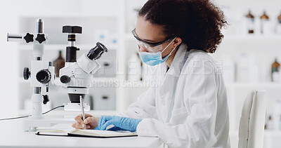 Buy stock photo Science, notebook or woman in lab with test, info recording or research results in experiment. Medical, notes or scientist with writing, investigation report or study checklist in clinical trial.