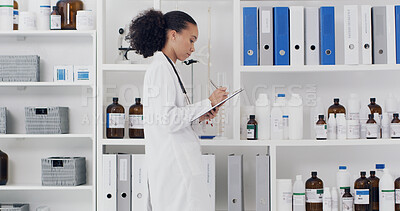Buy stock photo Medical, notes or woman in laboratory with clipboard, info recording or research result in experiment. Science, paper or expert with writing, investigation report or study checklist in clinical trial