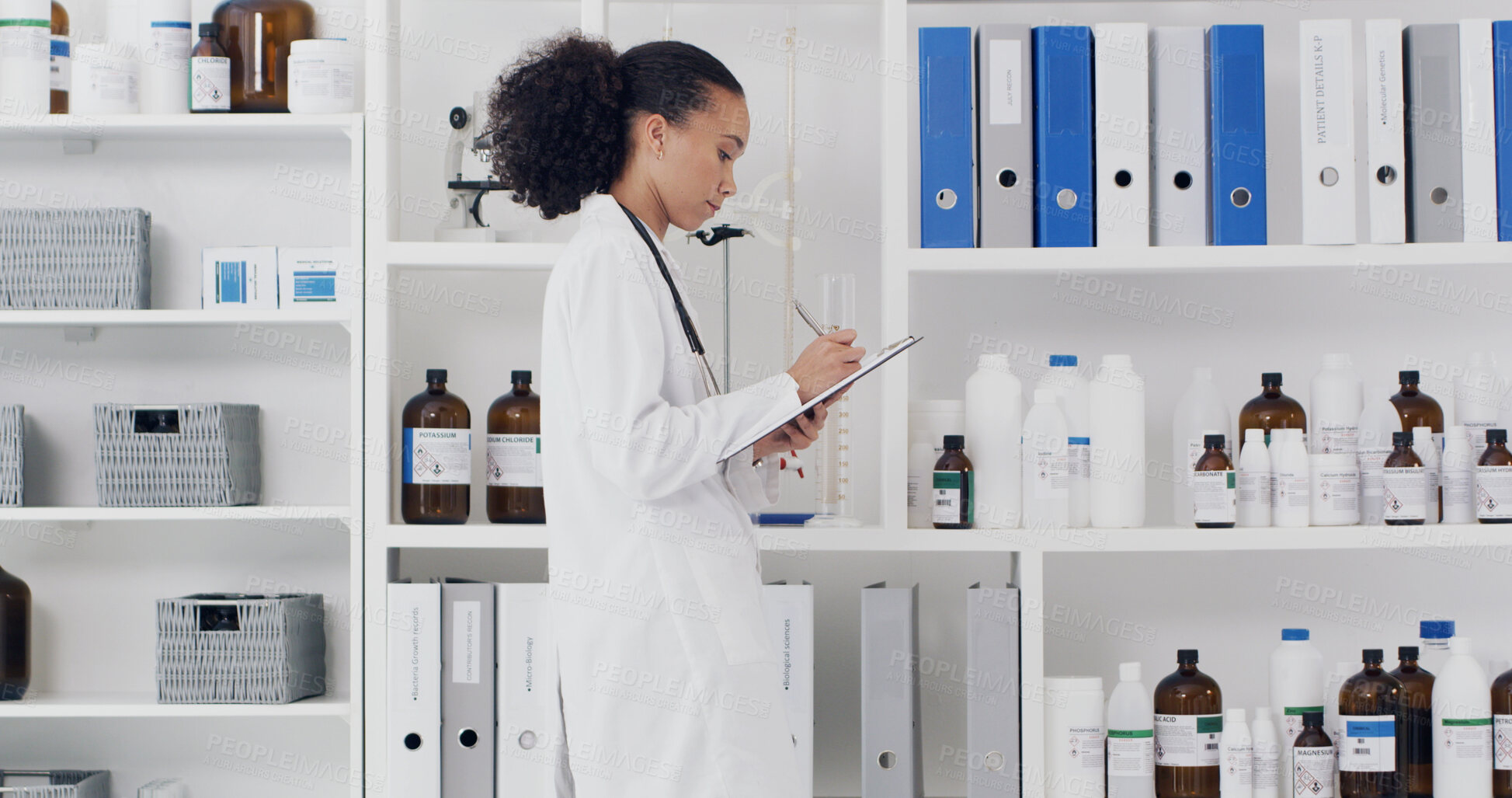 Buy stock photo Medical, notes or woman in laboratory with clipboard, info recording or research result in experiment. Science, paper or expert with writing, investigation report or study checklist in clinical trial
