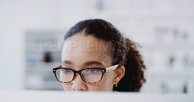 Buy stock photo Scientist, planning and woman with computer, development and study in laboratory for education. Biotechnology, medical research and experiment for solution, information and reading for project