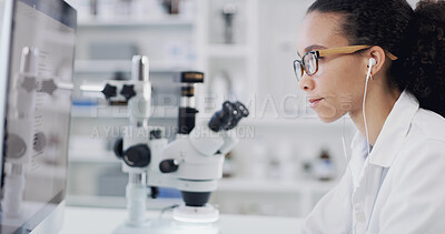 Buy stock photo Earphones, scientist or woman with computer for research, vaccine development or reading. Music, science or person with tech for medical innovation, pharma study or listen to audio with screen in lab