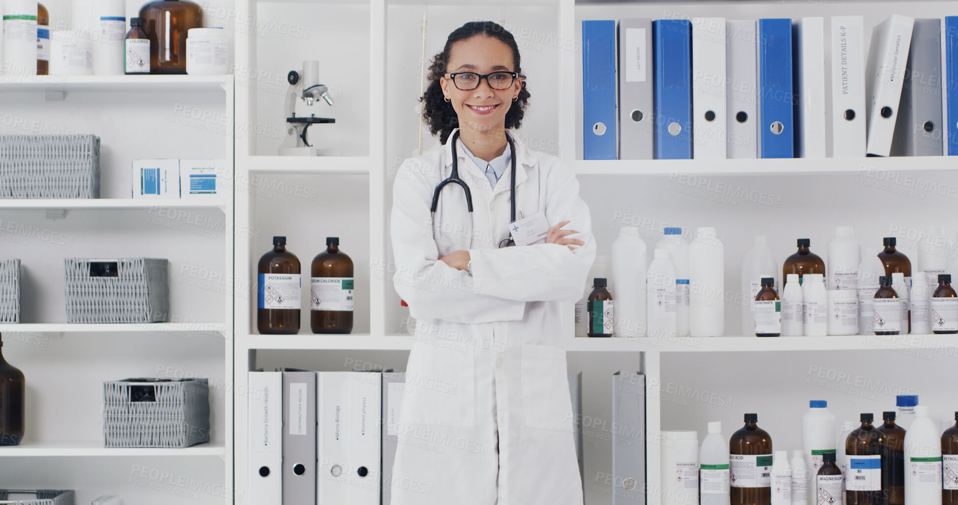 Buy stock photo Confidence, doctor and woman in hospital, healthcare and pharmaceutical physician with arms crossed. Glasses, medical worker and portrait of medicine expert, African person and happy professional