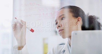 Buy stock photo Scientist, woman and writing on glass with tablet, formula or problem solving for medical research. Person, notes or science diagram in lab with tech, chemical structure or plan for healthcare study.