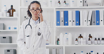 Buy stock photo Glasses, doctor and woman in clinic, healthcare or pharmaceutical physician with space. Eyewear, medical worker and portrait of medicine expert, African person or  professional with drugs in hospital