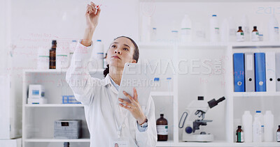 Buy stock photo Science, woman and writing on glass with tablet, formula or problem solving for medical research. Scientist, person and diagram in lab with tech, chemical structure and planning for healthcare study.