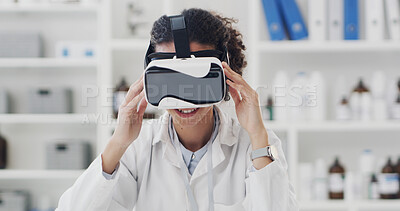 Buy stock photo Scientist, virtual reality and woman with smile, development and study in laboratory for education. Biotechnology, medical research and simulation with VR, information and software for project