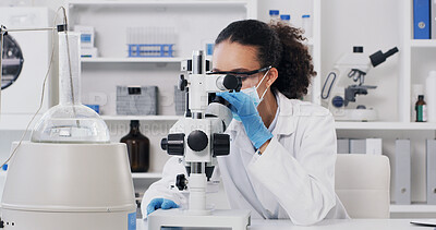Buy stock photo Analysis, scientist and woman with microscope in lab for experiment, vaccine development or pharma. Mask, science and person with microbiology equipment for medical innovation, test or virus research