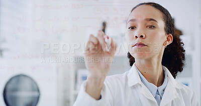 Buy stock photo Scientist, woman and writing on glass with formula, idea or problem solving for medical research. Person, notes or science diagram in lab with plan, chemical structure or theory for healthcare study.