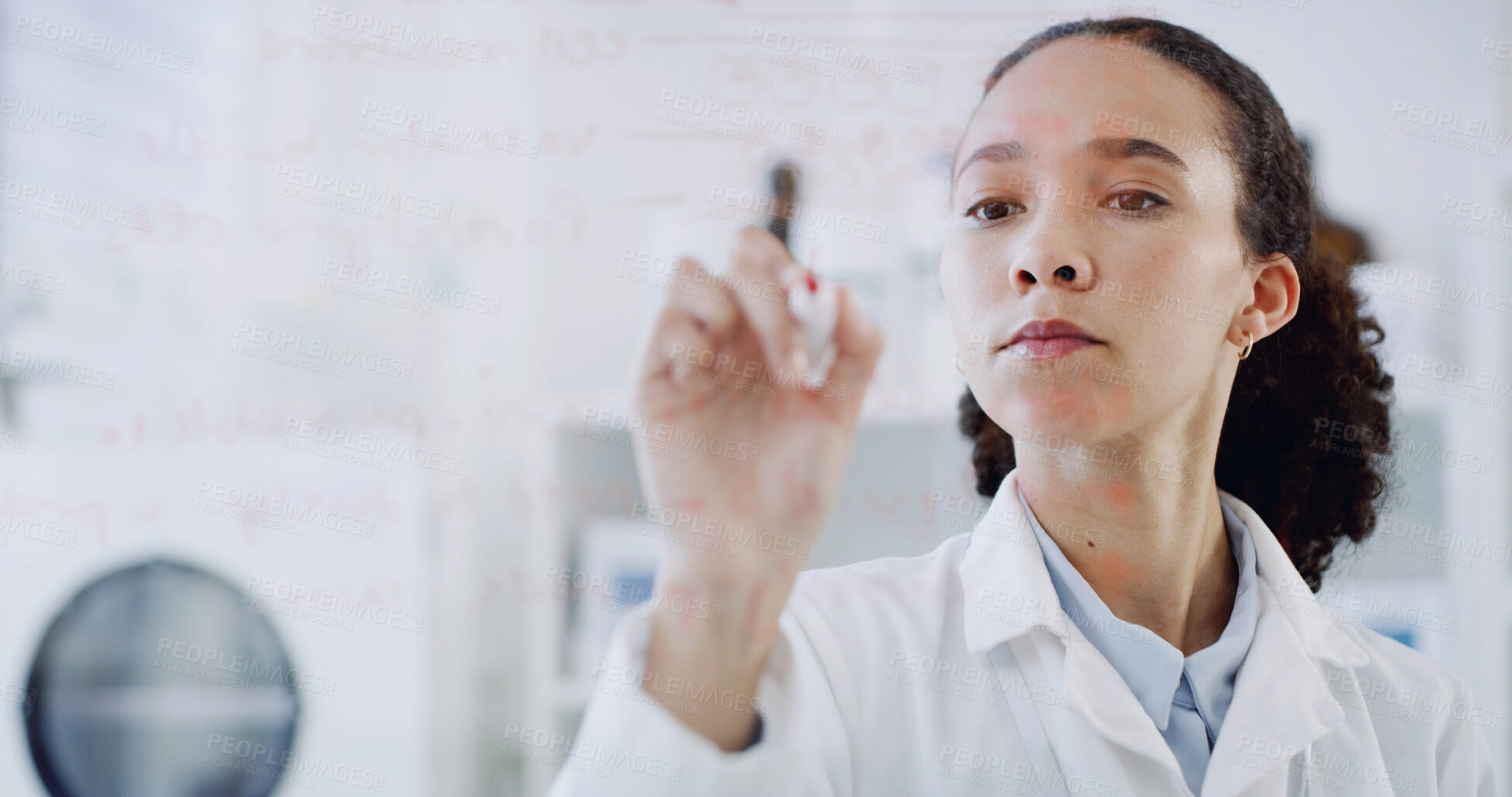 Buy stock photo Scientist, woman and writing on glass with formula, idea or problem solving for medical research. Person, notes or science diagram in lab with plan, chemical structure or theory for healthcare study.